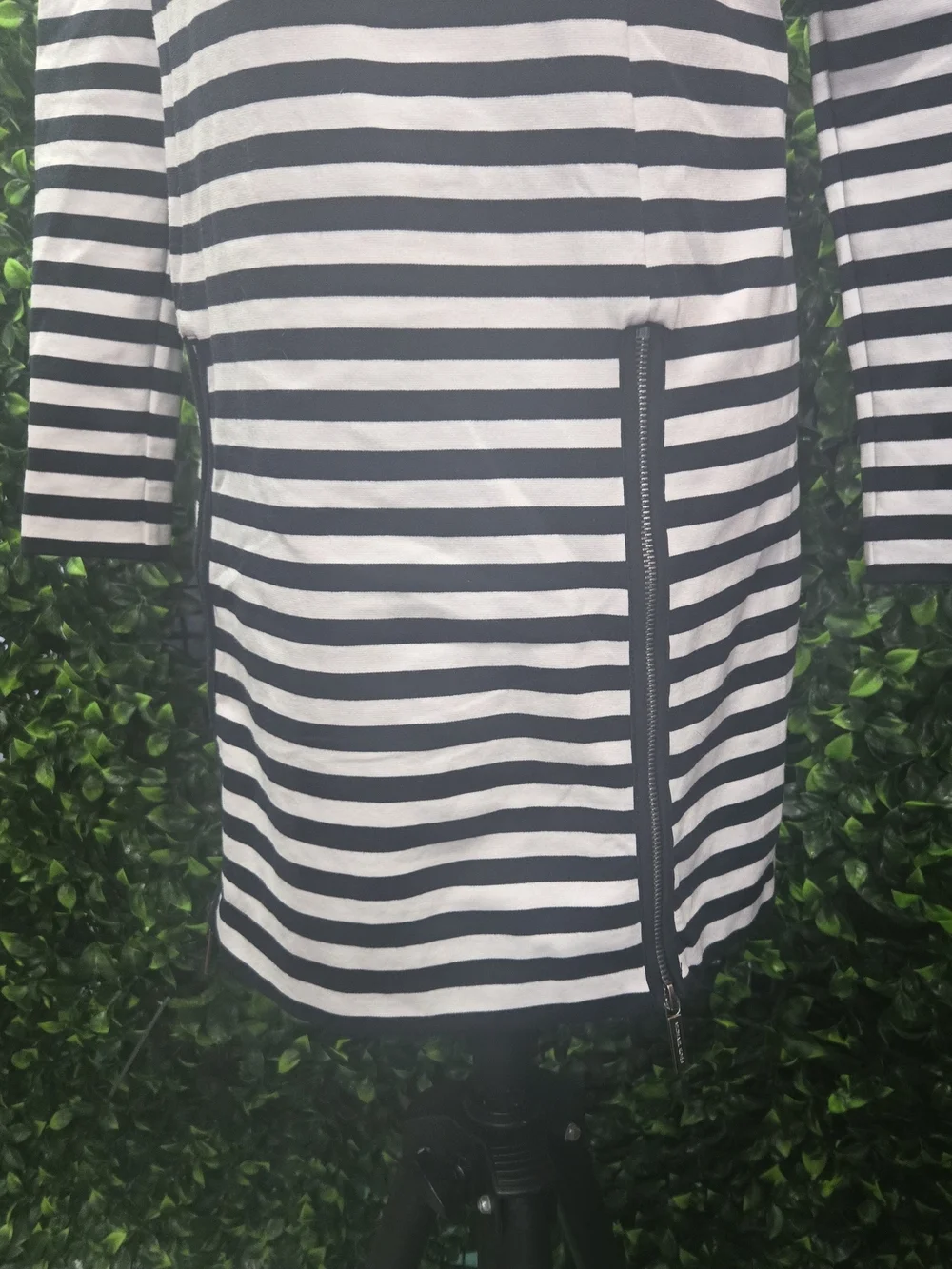 Michael Kors Black and White Striped Long-Sleeve Mini Dress